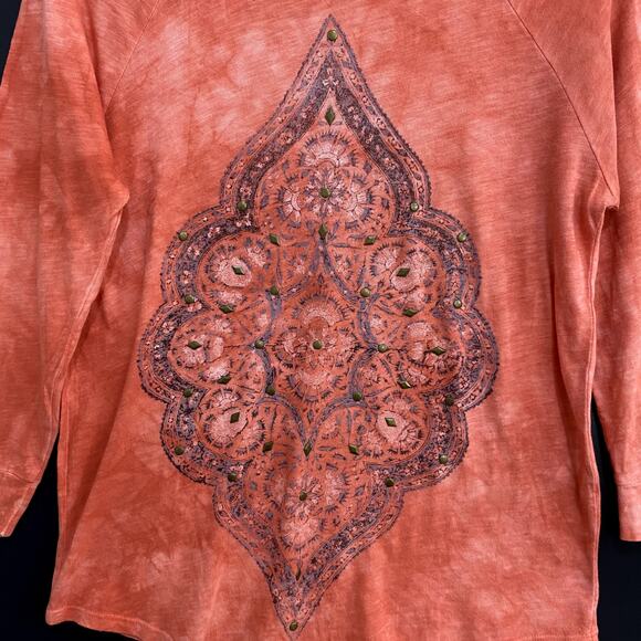 Lucky Brand Tie Dye Top Women's Small Orange Bronze Studs Round Neck 3/4 Sleeve - Picture 4 of 8